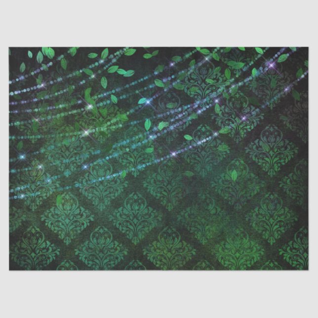 Papel De Seda Damasco, hojas y luces en verde desconchado (Anverso)