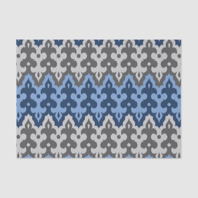 Papel De Seda Damasco marroquí de ikat, azul y gris / gris (Anverso)