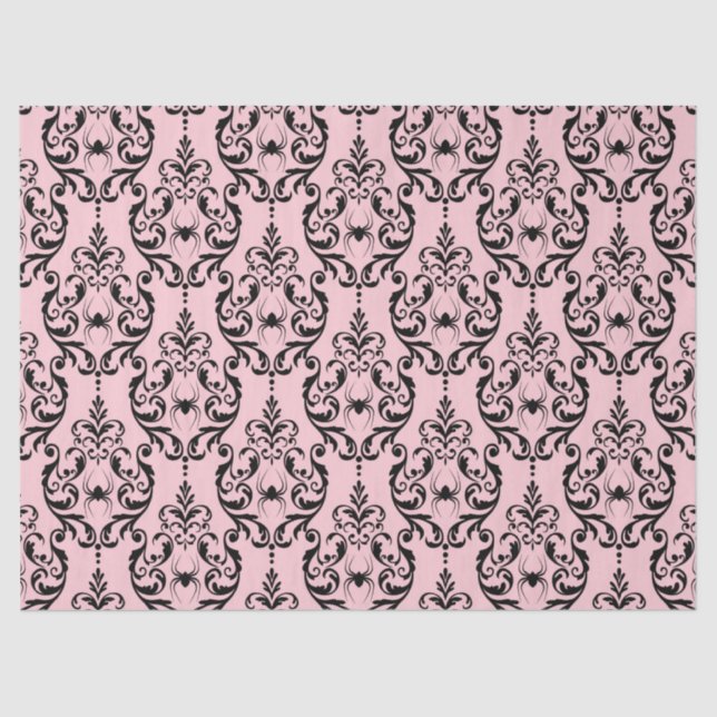 Papel De Seda Damasco rosa y negro con arañas (Anverso)