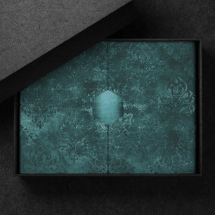 Papel De Seda Damasco Verde azulado de Velvety   Barroco verde o