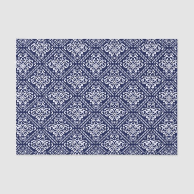 Papel De Seda Damascos florales blancos y fondo azul (Anverso)