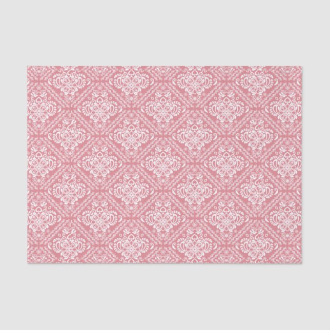 Papel De Seda Damascos florales blancos y fondo rosado (Anverso)
