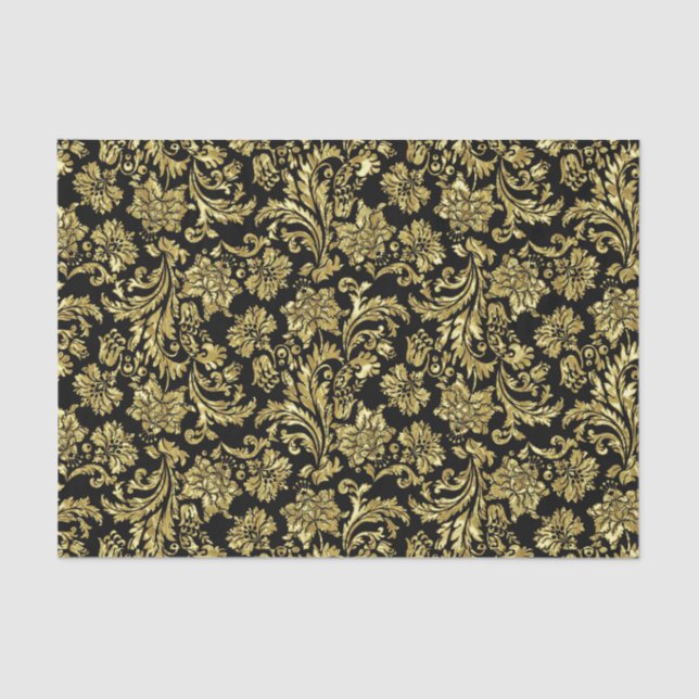 Papel De Seda Damascos Florales De Oro Metálico Negro Y Faux (Anverso)