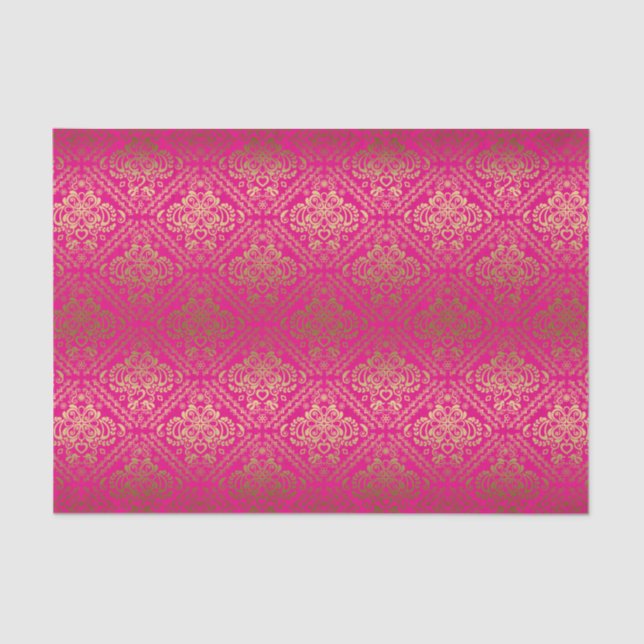 Papel De Seda Damascos Florales De Oro Metálico Rosa Y Faux (Anverso)