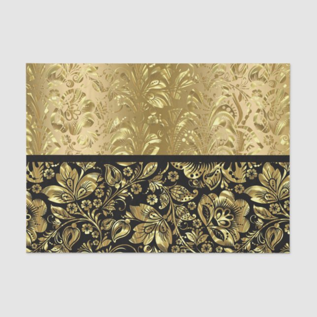 Papel De Seda Damascos Florales De Oro Negro Y Luminoso (Anverso)