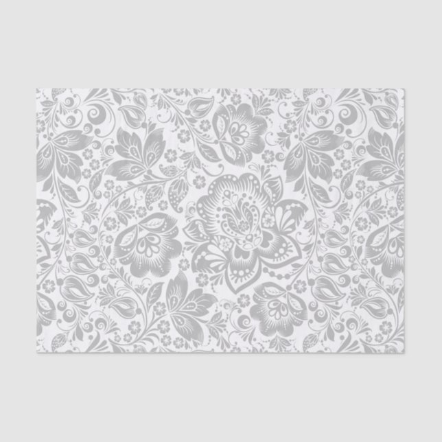 Papel De Seda Damascos Florales Gris Y Blancos (Anverso)