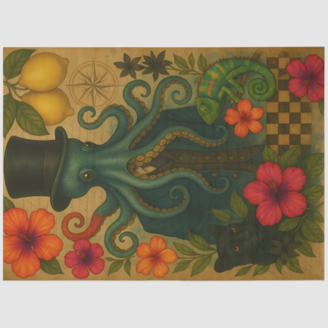 Papel De Seda Dapper Octopus Gentleman Nautical Decoupage (Anverso)