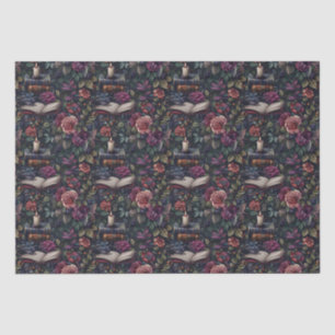 Papel De Seda Dark Academia Vintage Floral, Aves y Libros