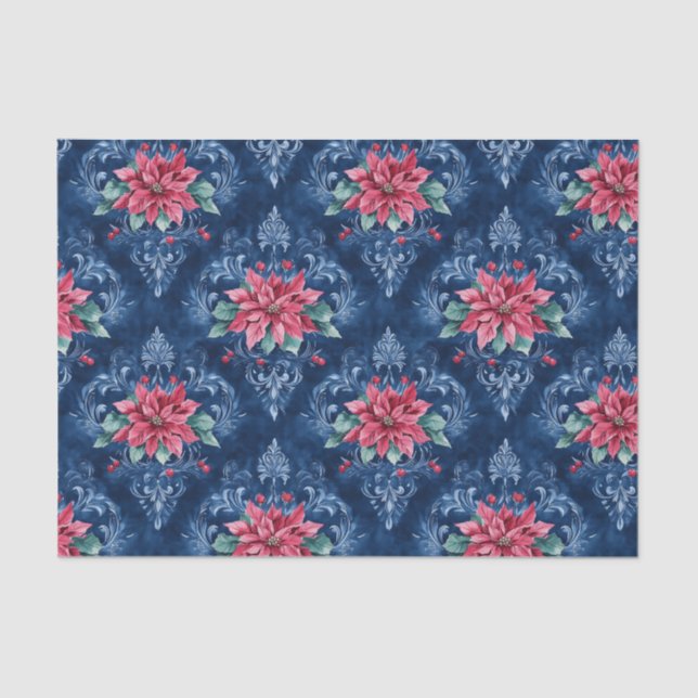 Papel De Seda Dark Blue Damask with Red Poinsettia Flowers (Anverso)