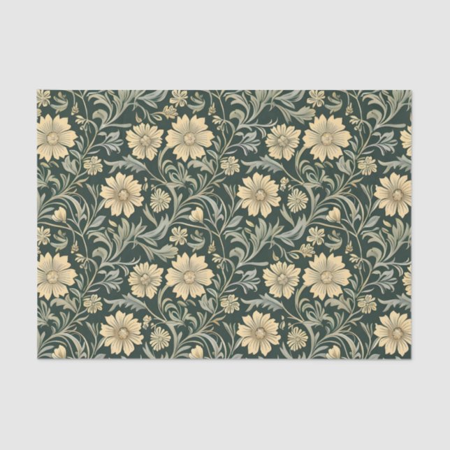 Papel De Seda Dark green stylized yellow flowers  pattern  (Anverso)