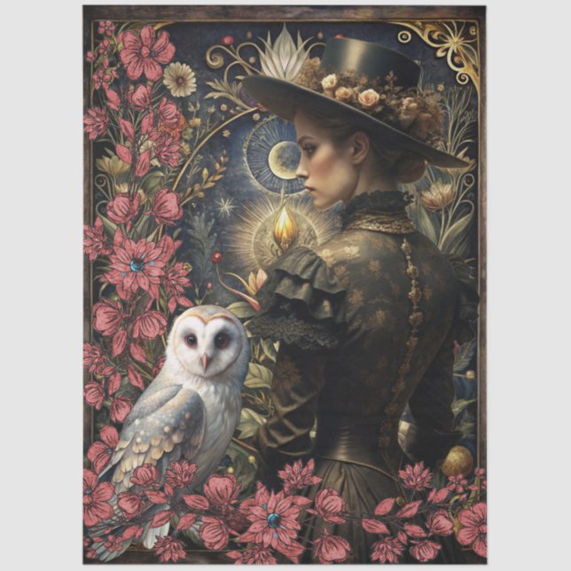 Papel De Seda Dark Victorian Girl White Owl Floral Abstract Art  (Anverso)
