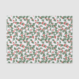 Papel de seda de acebo verde con bayas rojas
