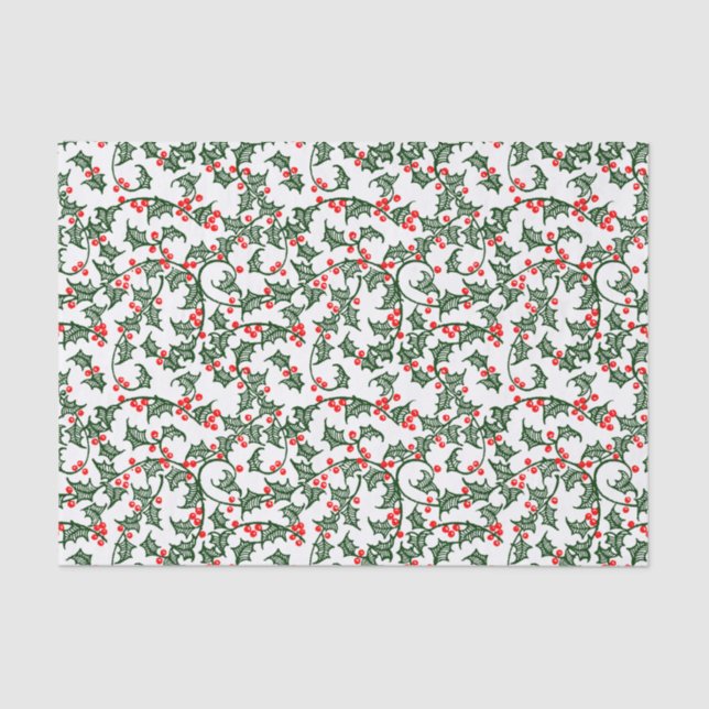 Papel de seda de acebo verde con bayas rojas (Anverso)