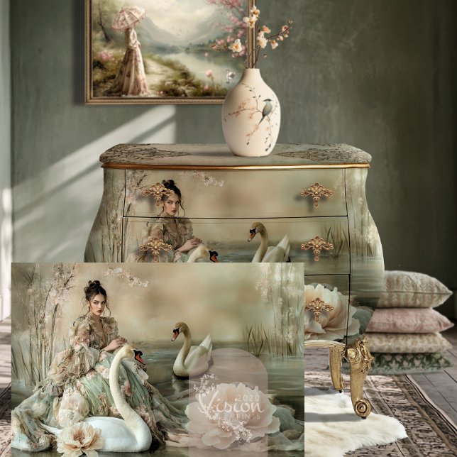 Papel De Seda De buen grado Bouffant Retrato & Cisne (De bonne grâce Elegant Bouffant Portrait Lady & Swan Ethereal Lake Fantasy & Floral decoupage paper.)