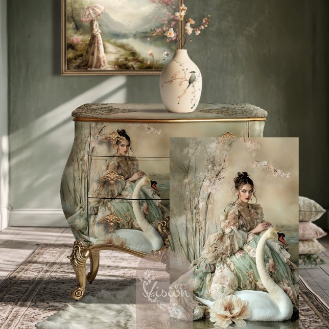 Papel De Seda De buena gana Bouffant Retrato & Cisne (De bonne grâce Elegant Bouffant Portrait Lady & Swan Art, Ethereal Lake Fantasy Furniture Decoupage.)