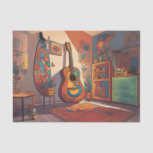 Papel de seda de decoupage de guitarra bohemio (Anverso)