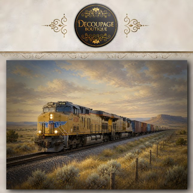Papel de seda de decoupage de paisaje de tren de c (Freight Train Landscape Decoupage Tissue Paper)