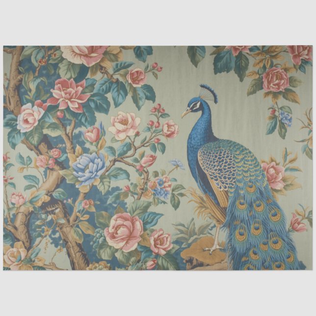 Papel de seda de decoupage de pavo real azul elega (Anverso)