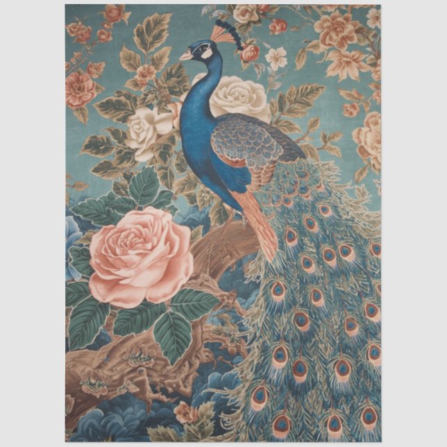 Papel de seda de decoupage de pavo real azul elega (Anverso)