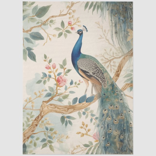 Papel de seda de decoupage de pavo real crema eleg (Anverso)