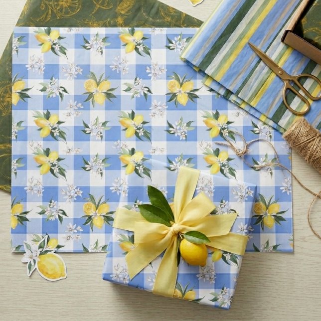 Papel de seda de gingham azul con flor de limón (Subido por el creador)