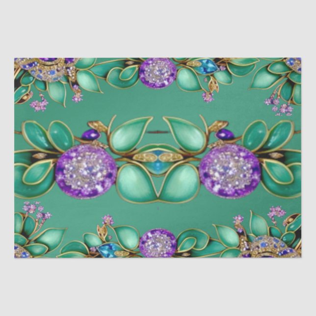 Papel de seda de hojas verdes y gemas púrpuras (Anverso)