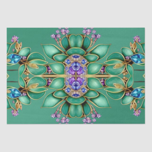 Papel de seda de hojas verdes y piedras preciosas  (Anverso)