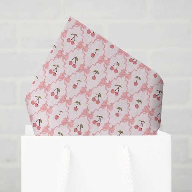 Papel de seda de lazo rosa y cerezas, Decoupage Ce (Bolsa de regalo)
