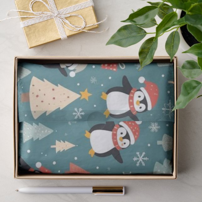 Papel de seda de Navidad verde con patrón de pingü (Regalo )