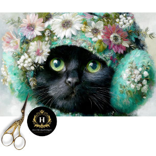 Papel De Seda Decoración de gato negro con flores de invierno