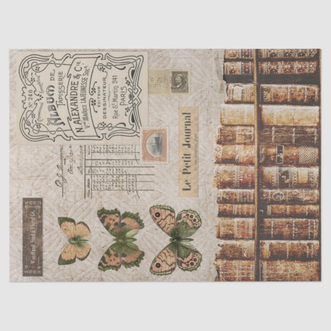 Papel De Seda Decoración de libros antiguos y mariposas (Anverso)