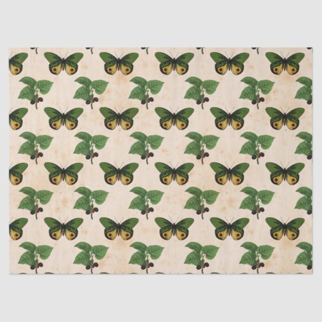 Papel De Seda Decoración de mariposas verdes de época (Anverso)