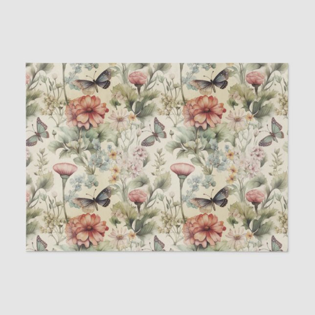 Papel De Seda Decoración de mariposas y flores antiguas antiguas (Anverso)