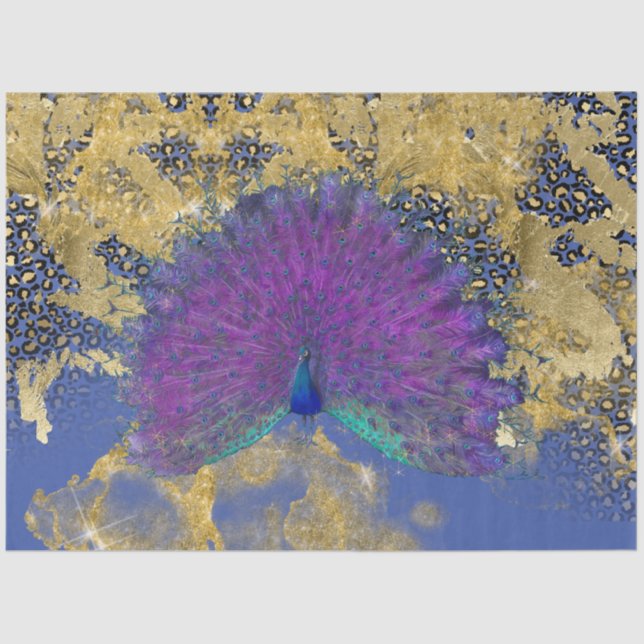 Papel De Seda Decoración del leopardo dorado púrpura azul Peacoc (Anverso)