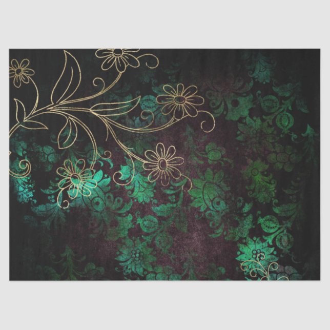 Papel De Seda Decoración dorada y floral verde (Anverso)
