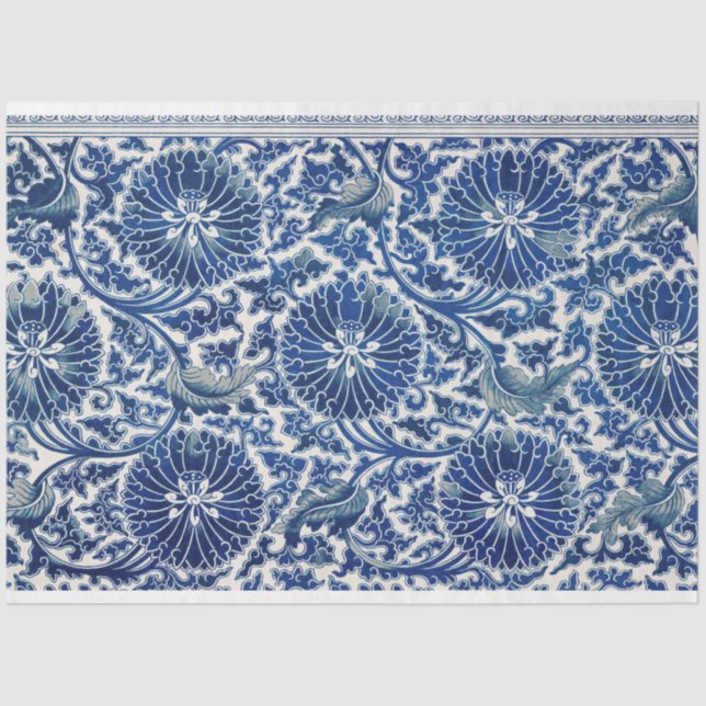 Papel De Seda Decoración floral azul y blanca (Anverso)