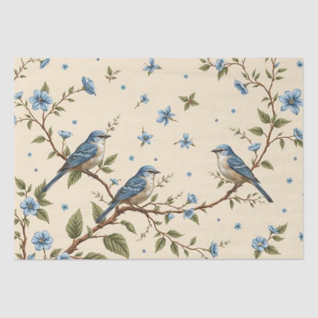 Papel De Seda Decoración Floral Azul y diseño de pájaros (Anverso)