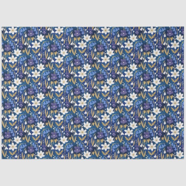 Papel De Seda Decoración floral azul y púrpura ilustrada (Anverso)