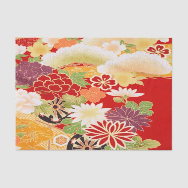 Papel De Seda Decoración floral de kimono japonés amarillo rojo  (Anverso)