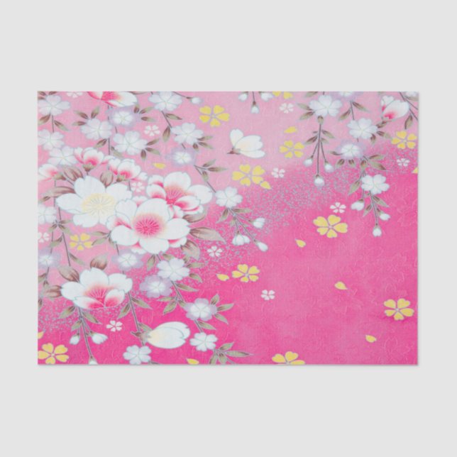 Papel De Seda Decoración floral de Kimono Japonés Blanco Rosa (Anverso)