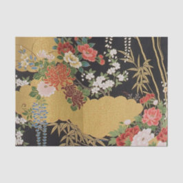 Papel De Seda Decoración floral de kimono japonés negro y dorado