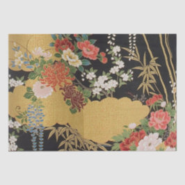 Papel De Seda Decoración floral de kimono japonés negro y dorado