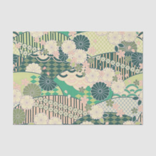 Papel De Seda Decoración floral de kimono japonés verde rosa bla