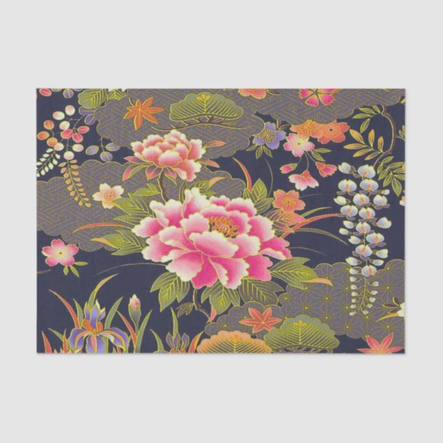 Papel De Seda Decoración floral de kimono japonés verde sabio (Anverso)