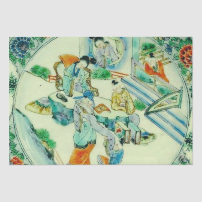 Papel De Seda Decoración floral de la antigua Chinoiserie verde  (Anverso)