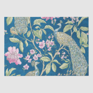 Papel De Seda Decoración floral de pavo real de Chinoiserie azul