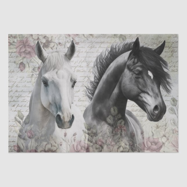 Papel De Seda Decoración floral del caballo blanco negro (Anverso)