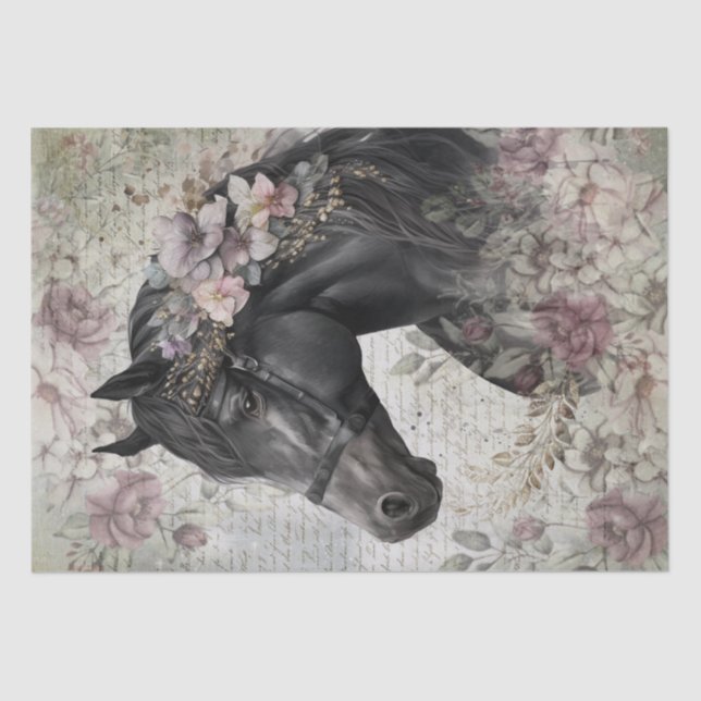 Papel De Seda Decoración floral del caballo negro (Anverso)