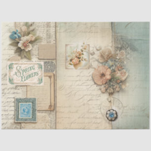 Papel De Seda Decoración Floral Francesa Azul Rosa Vintage Ephem