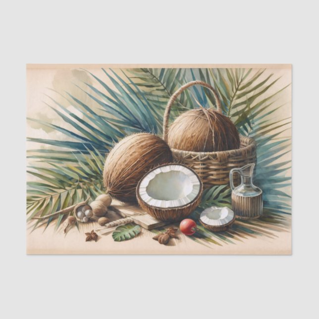 Papel De Seda Decoración tropical de coco acuarela (Anverso)